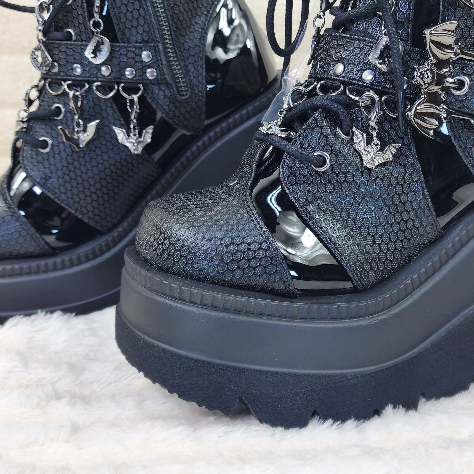Shaker 66 Black Matte / Patent Platform 4.5" Wedge Heel Charm Ankle Boots NY - Totally Wicked Footwear