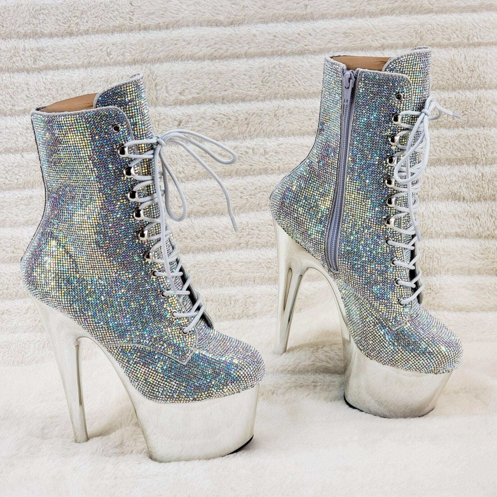 Adore 1020CHRS Silver Bejeweled Rhinestone 7" High Heel Platform Ankle Boots NY - Totally Wicked Footwear