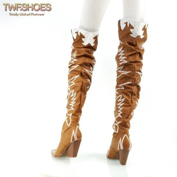 CR Kelsey 21 Rock Star Tan & White Western Slouch OTK Thigh High Cowboy Boot - Totally Wicked Footwear