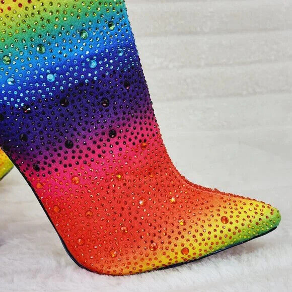 Pride Colorful Rainbow Satin & Rhinestones High Heel Azalea Wang Boots - Totally Wicked Footwear