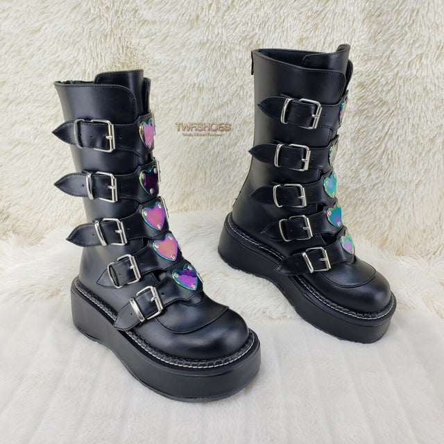 Demonia Emily 330 Black Matte 2" Platform Metal Heart Plate Combat Boots 6-12 NY - Totally Wicked Footwear