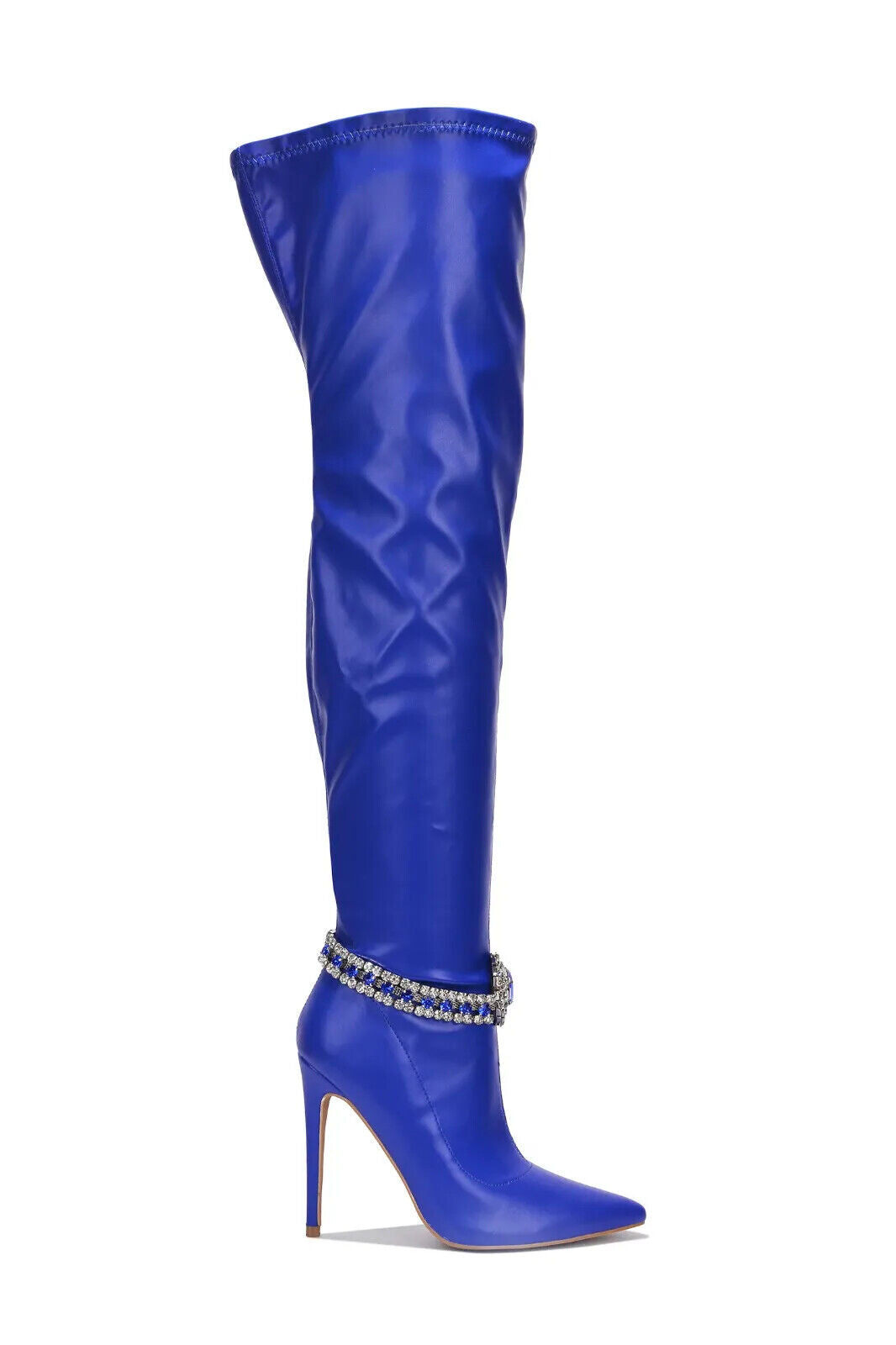 Lawless Bold Blue Stretch Leatherette Rhinestone Ankle Bracelet Thigh High Boots - Totally Wicked Footwear