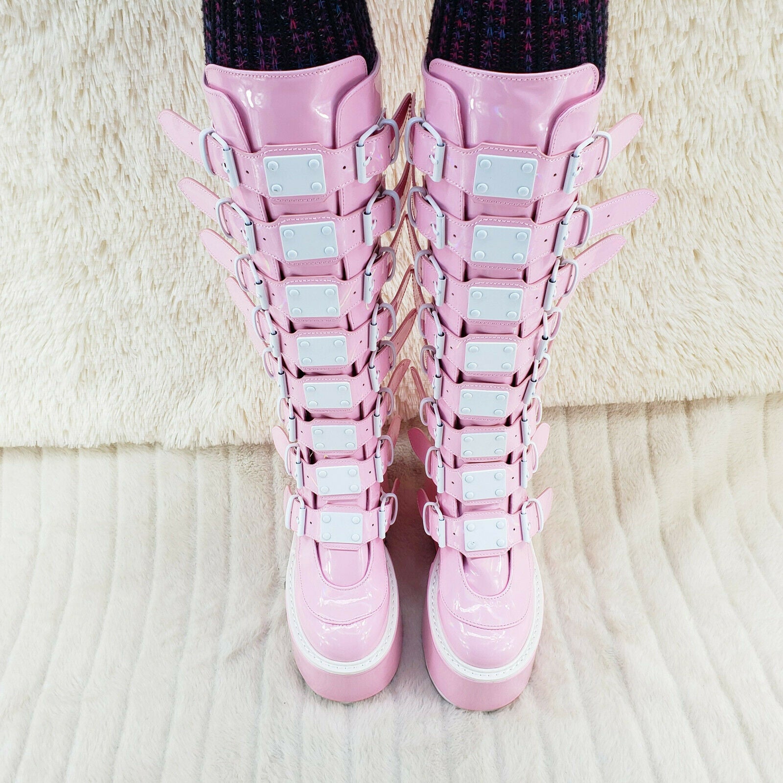 Trinity Swing 815 Pink Hologram Patent Goth Knee Boot 5.5" Platform In House NY - Totally Wicked Footwear