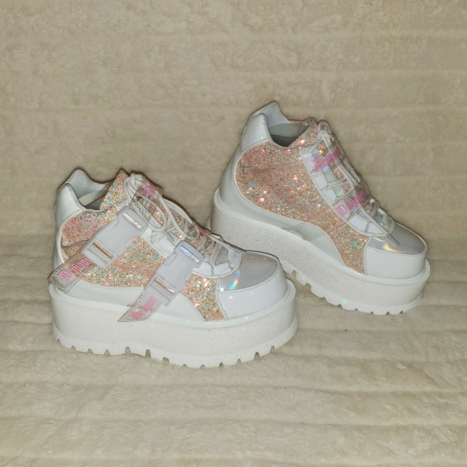 Slacker 50 White Pink Glitter Platform Sneaker Ankle Boots - Totally Wicked Footwear