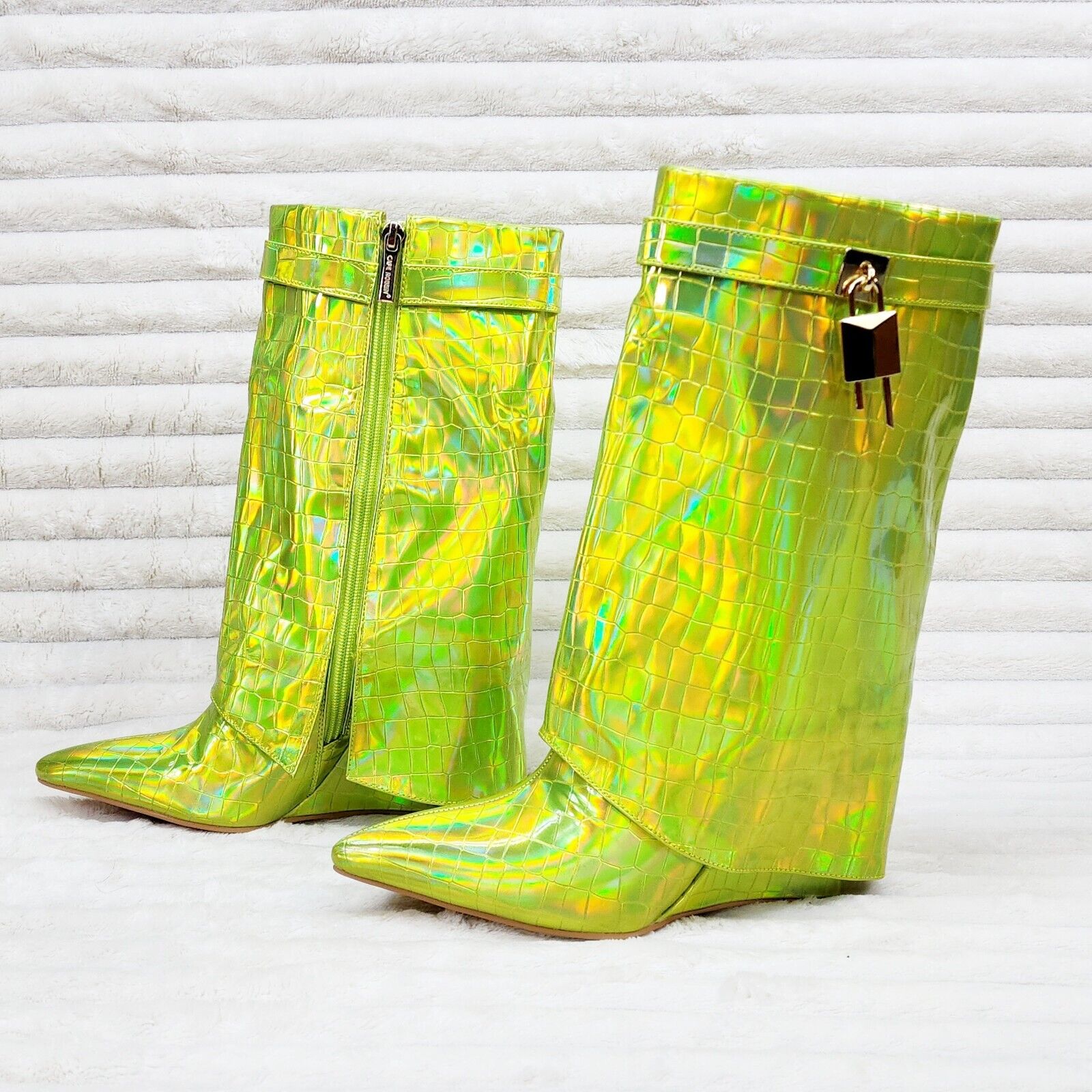Vision Lime Yellow Hologram Wedge Heel Fold Over Skirted Ankle Boots - Totally Wicked Footwear