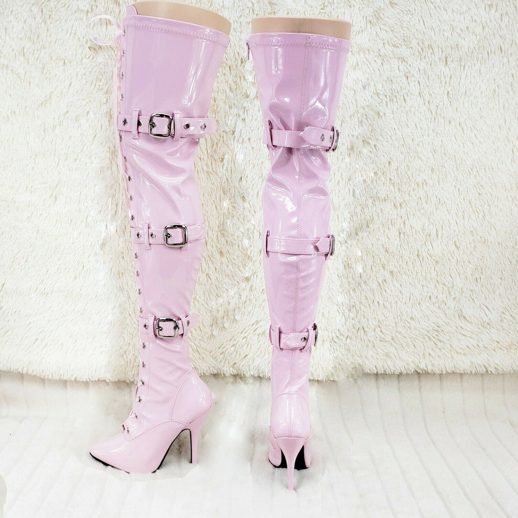 Seduce 3028 Baby Pink Lace Up Thigh High Boots 5" Stiletto Heel US Sizes NY - Totally Wicked Footwear