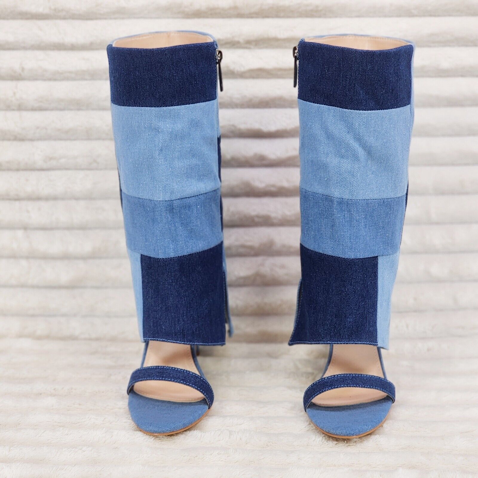 Paris Denim Patchwork Stiletto Fold Over Skirted Shootie Boot Sandals - Totally Wicked Footwear