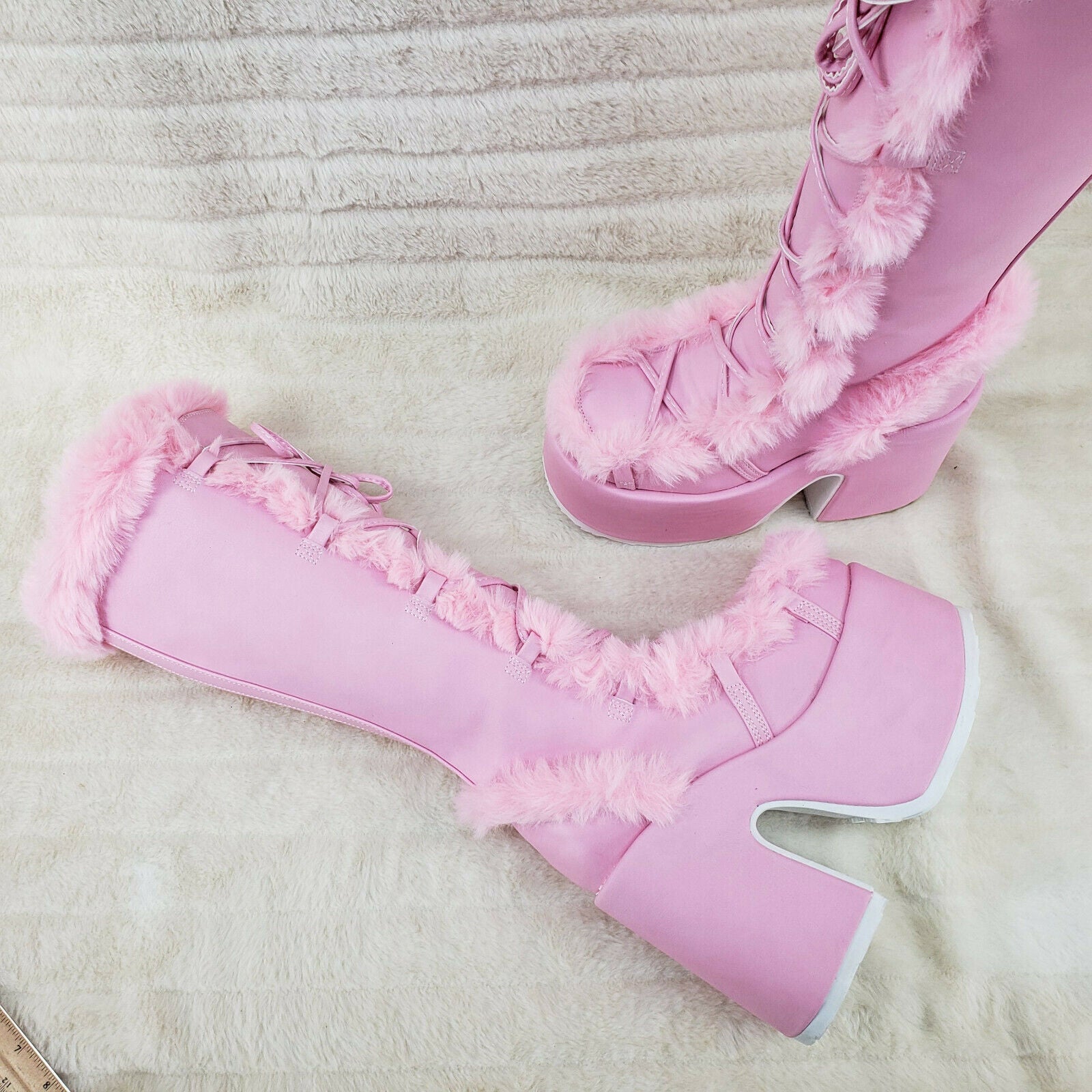 Camel 311 Stacked Baby Pink Stomper Platform Goth Punk Go Go Knee Boots In House - Totally Wicked Footwear