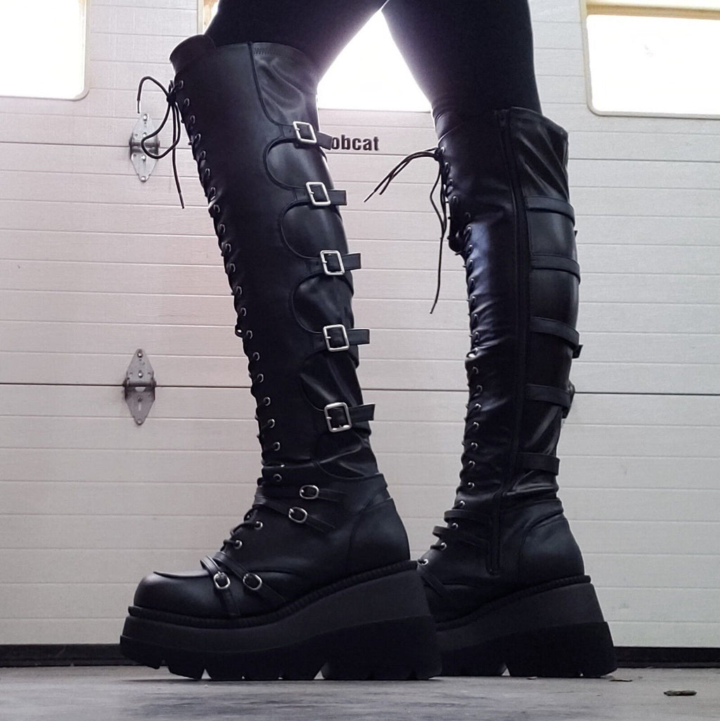 Shaker 350 Black Wide Platform 4.5" Wedge Heel Over The Knee Boots NY DEMONIA - Totally Wicked Footwear