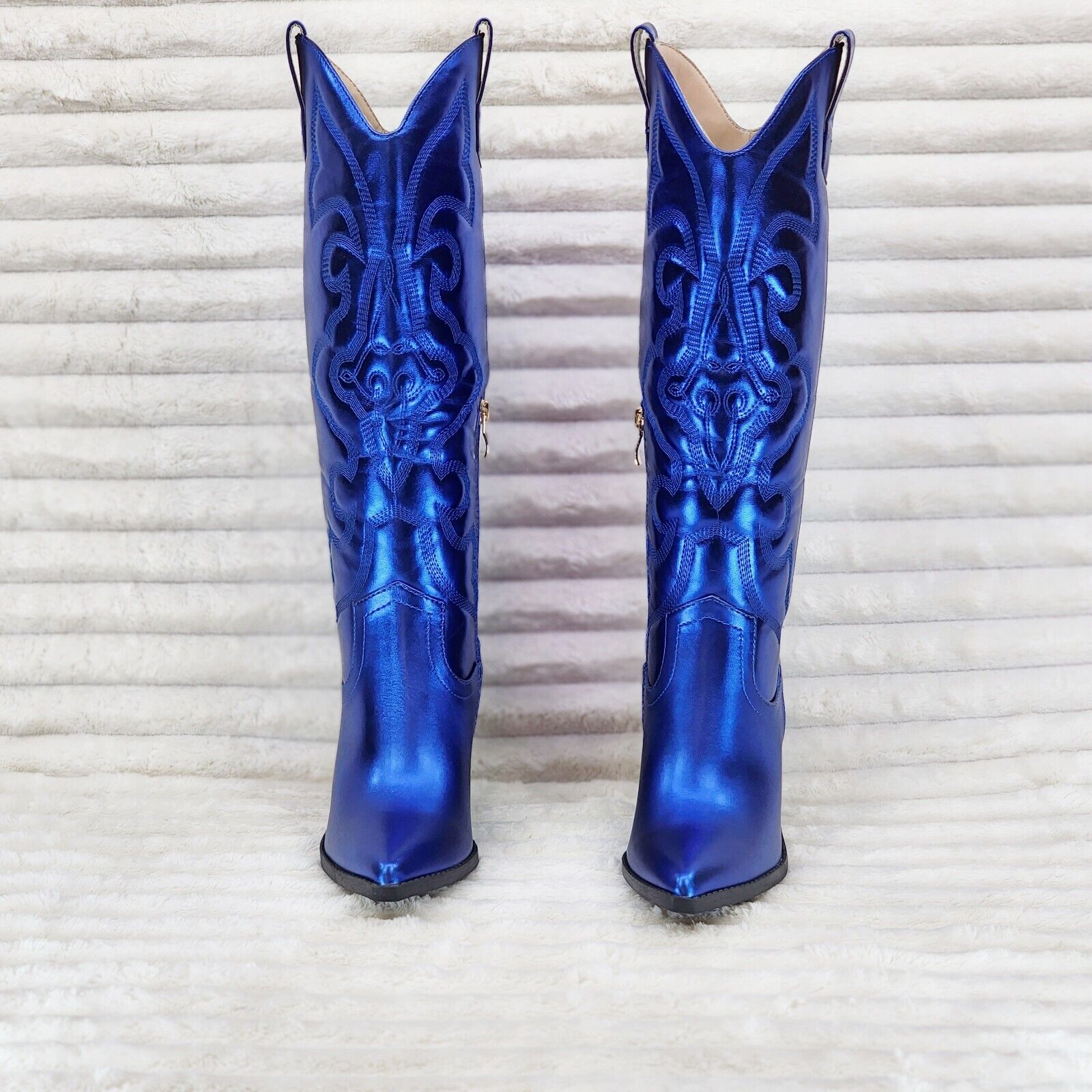 Electric Cowboy Brush Metallic Matte Western Knee High Cowgirl Boots Blue - Totally Wicked Footwear