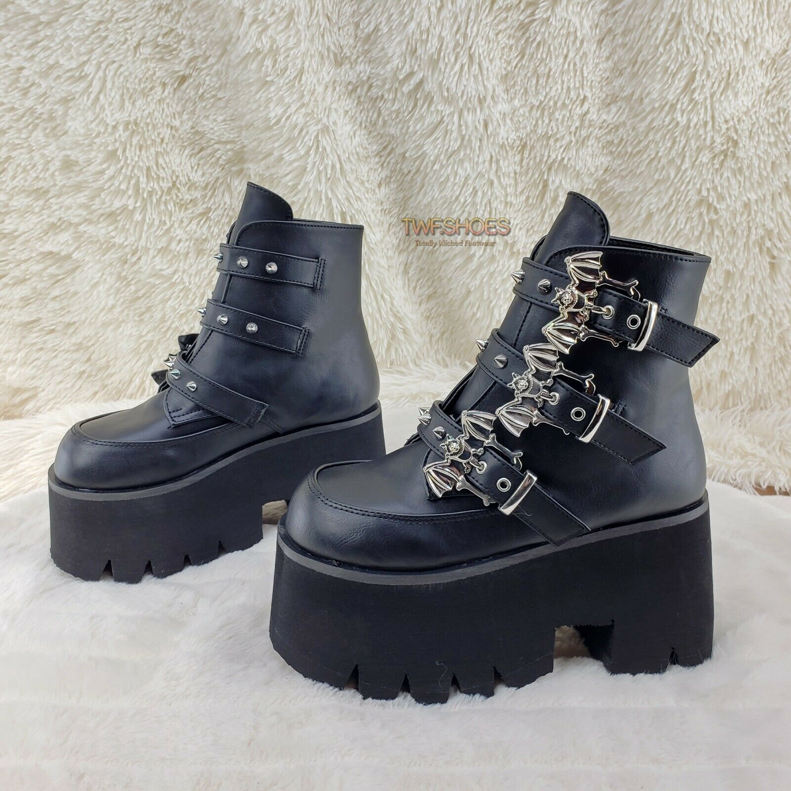 Demonia Ashes 55 Black Bat Buckle 3.5" Platform Heel Goth Boots RESTOCKED NY - Totally Wicked Footwear
