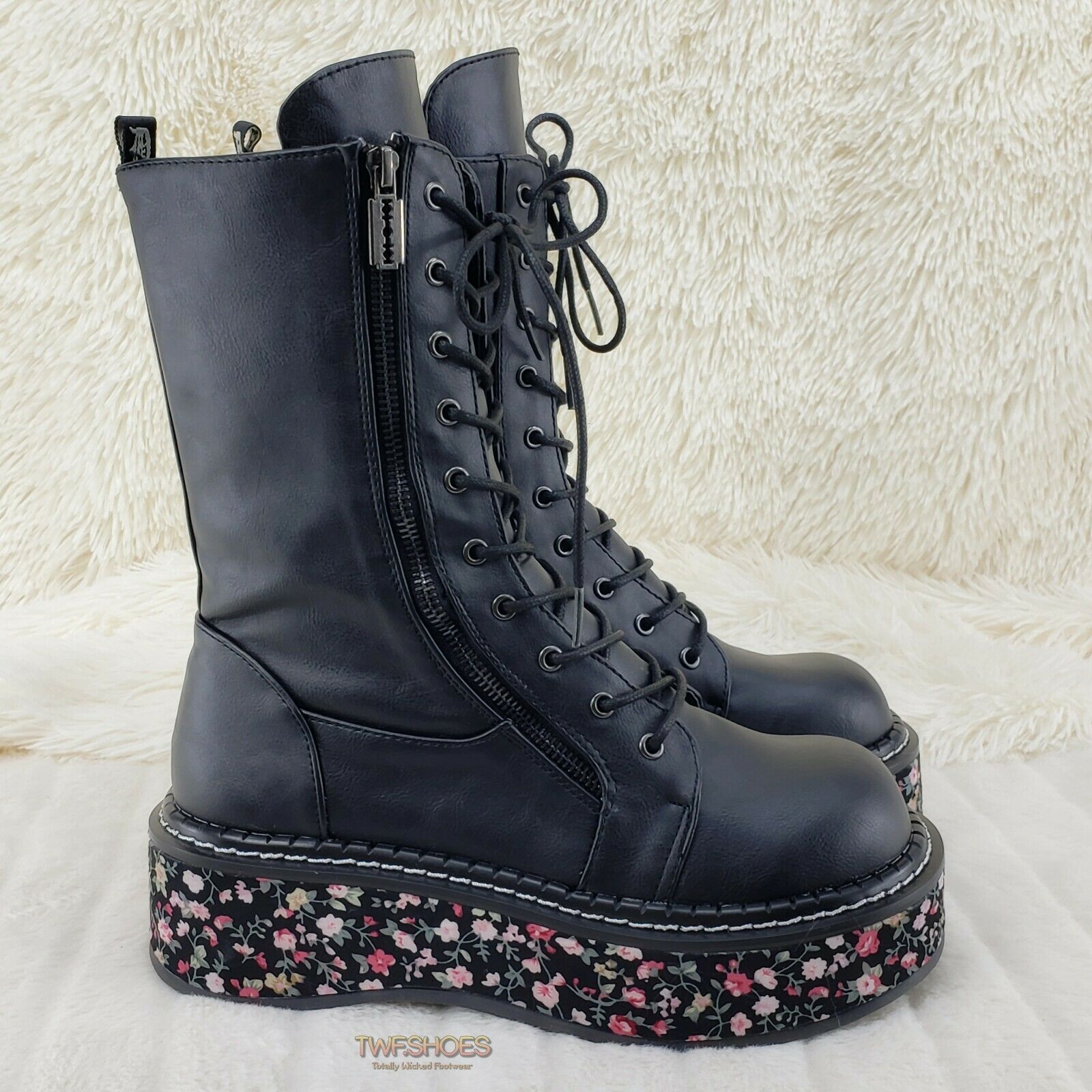 Demonia Emily 350 Black Matte Floral 2" Platform Combat Boots Restocked NY - Totally Wicked Footwear