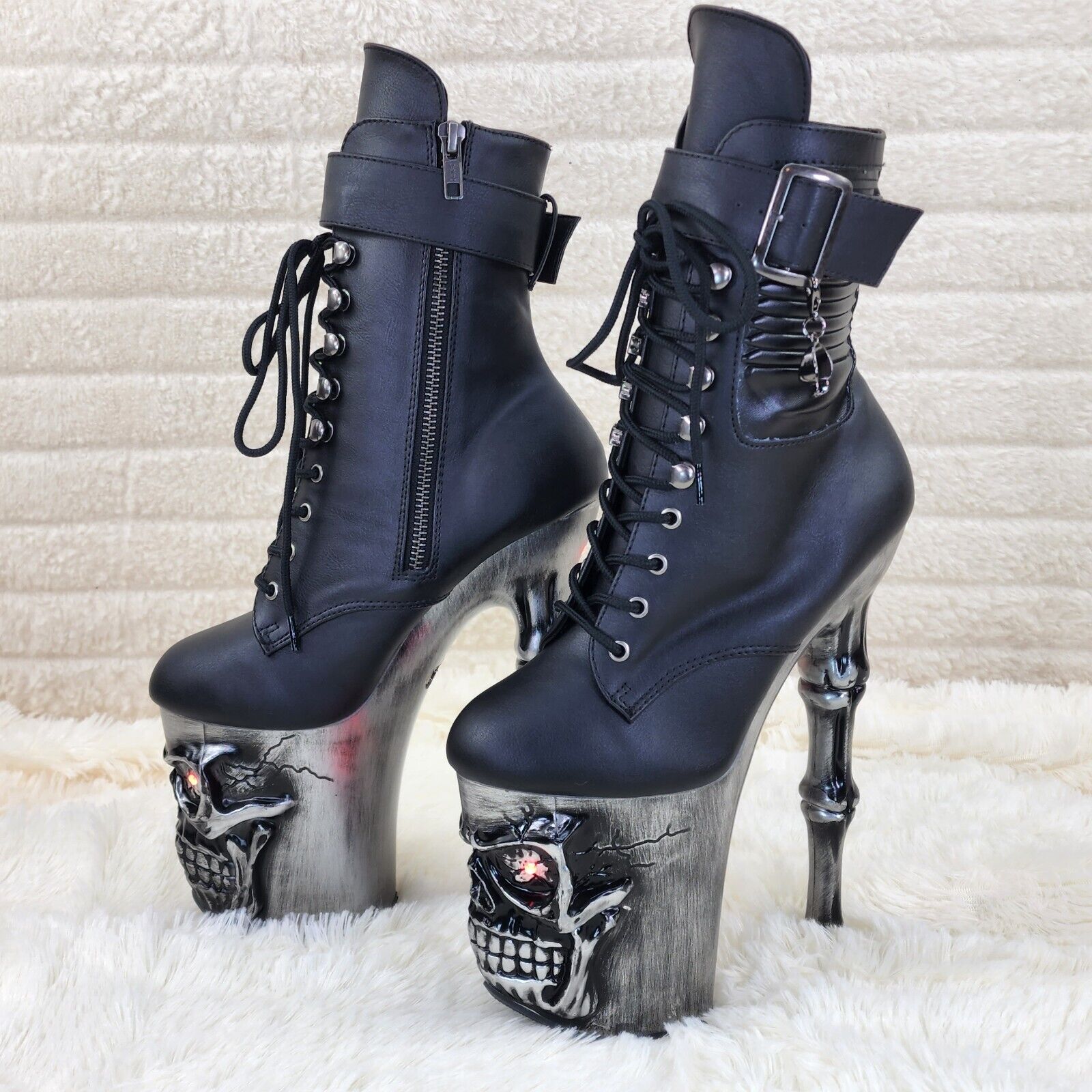 Rapture Brushed Skull & Bones 8" High Heel Platform Ankle Boots Lighted Eyes NY - Totally Wicked Footwear