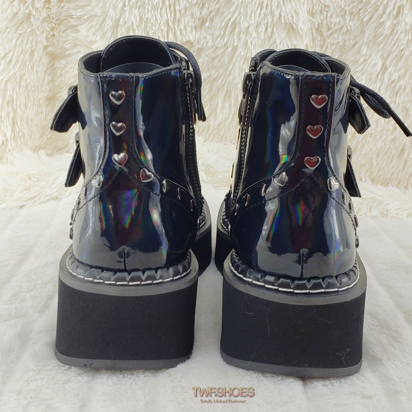 Demonia Emily 315 Black Holo Patent Heart Stud 2" Platform Ankle Boot Shoes NY - Totally Wicked Footwear