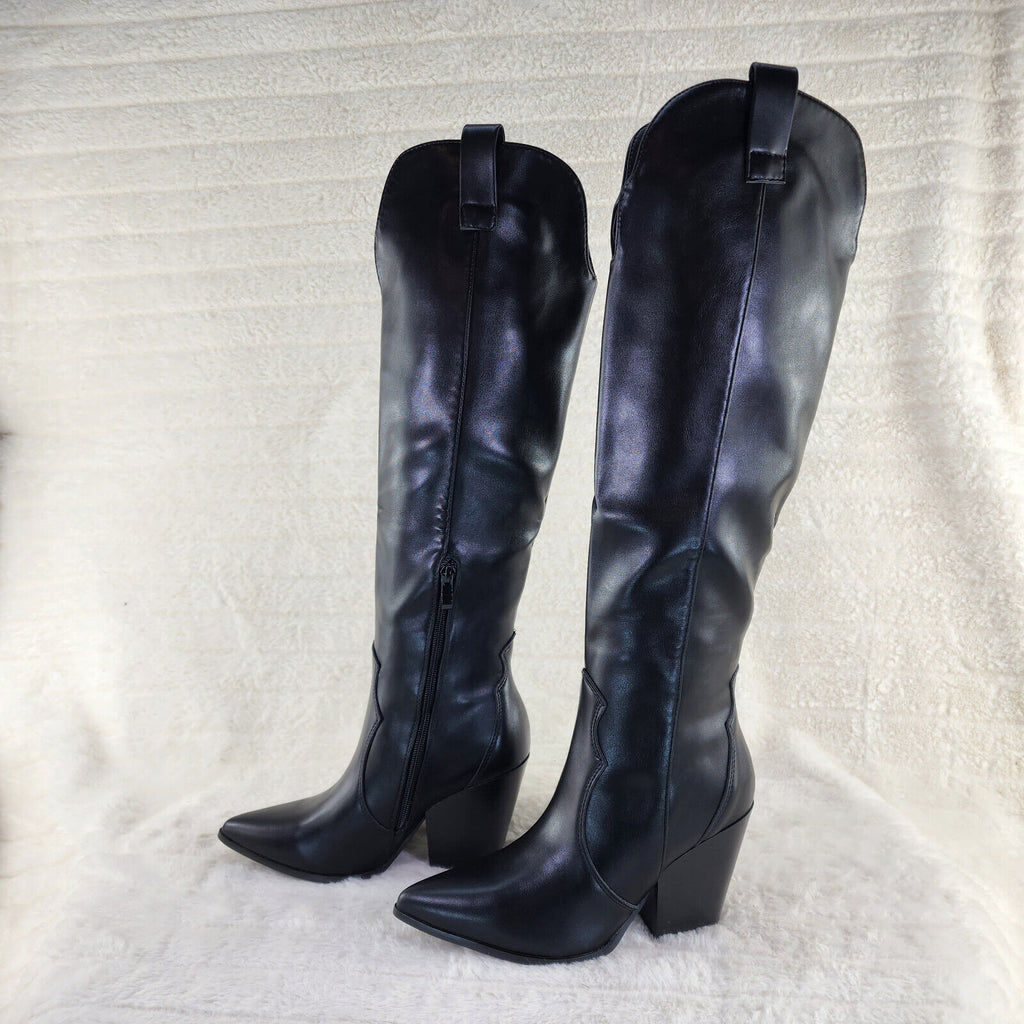 Country Rocker Black Cowgirl Cowboy Knee Boots Western Block Heels US Sizes 7-11 - Totally Wicked Footwear