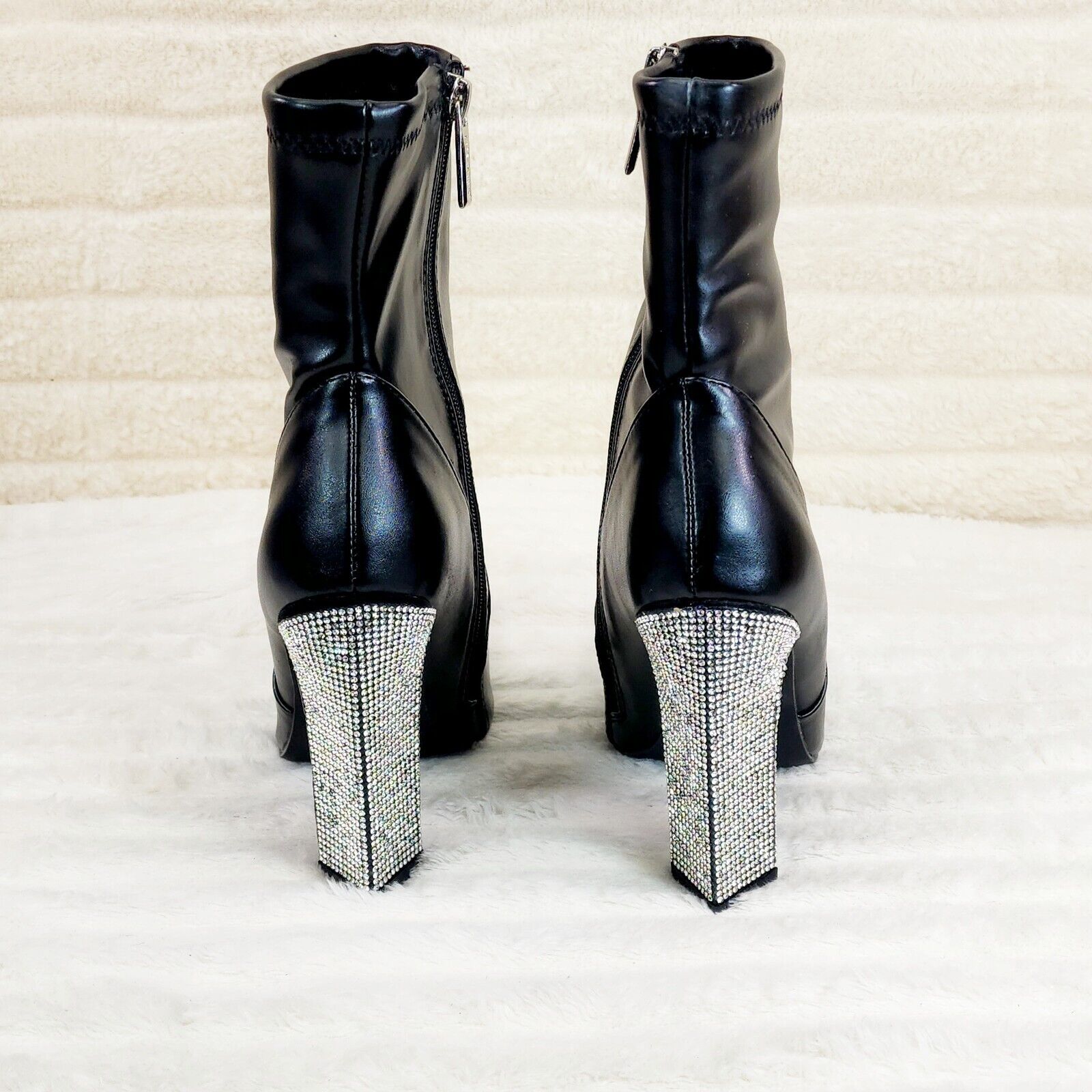 Regal Black Stretch Leatherette Rhinestone Heel Ankle Boots - Totally Wicked Footwear
