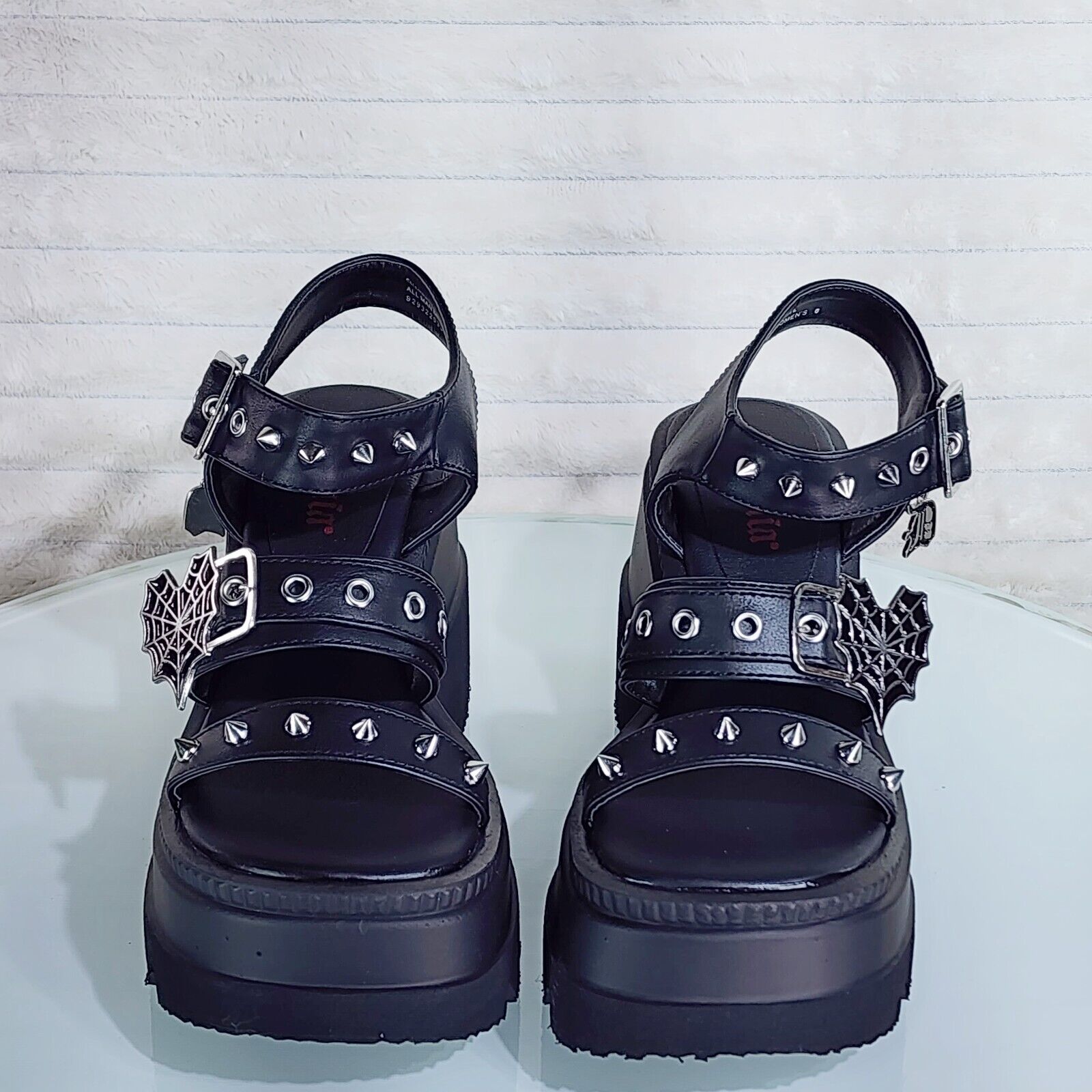 Shaker 13 Black Out Patent 4.5" Wedge Heel Gothic Sandals Studs And Charms NY - Totally Wicked Footwear