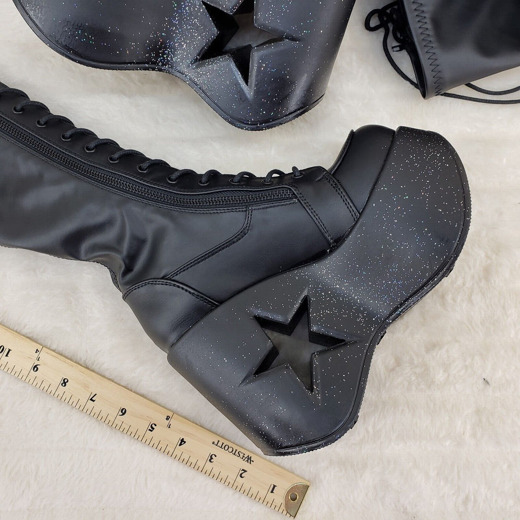 Dynamite 300 Platform 5" Star Heel Stretch Goth Punk Thigh Boots Black Matte NY - Totally Wicked Footwear