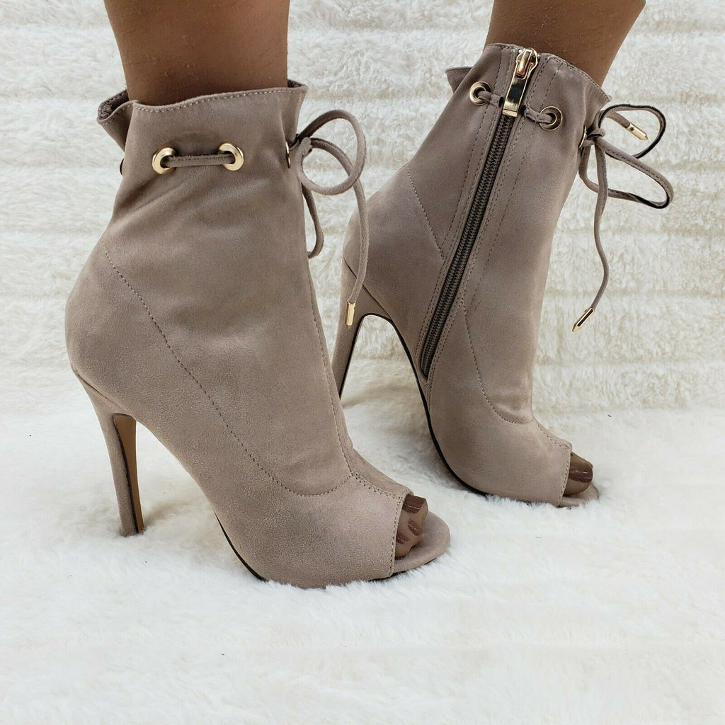 Moody Taupe Drawstring Open Toe High Heel Ankle Boots Glister - Totally Wicked Footwear