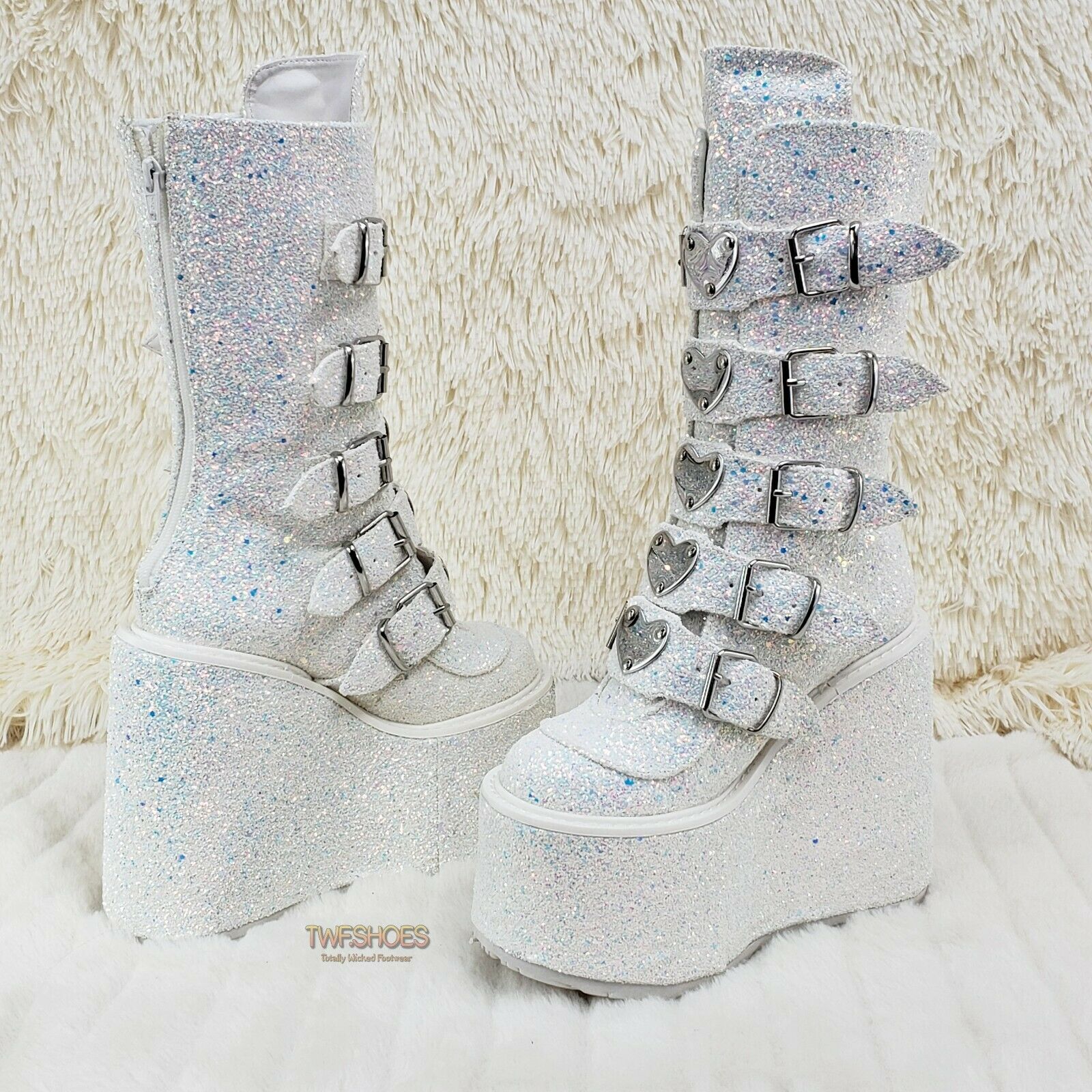Swing 230G White Multi Glitter Mid Calf Boot 5.5" Platform Heart Strap 6-12 NY - Totally Wicked Footwear