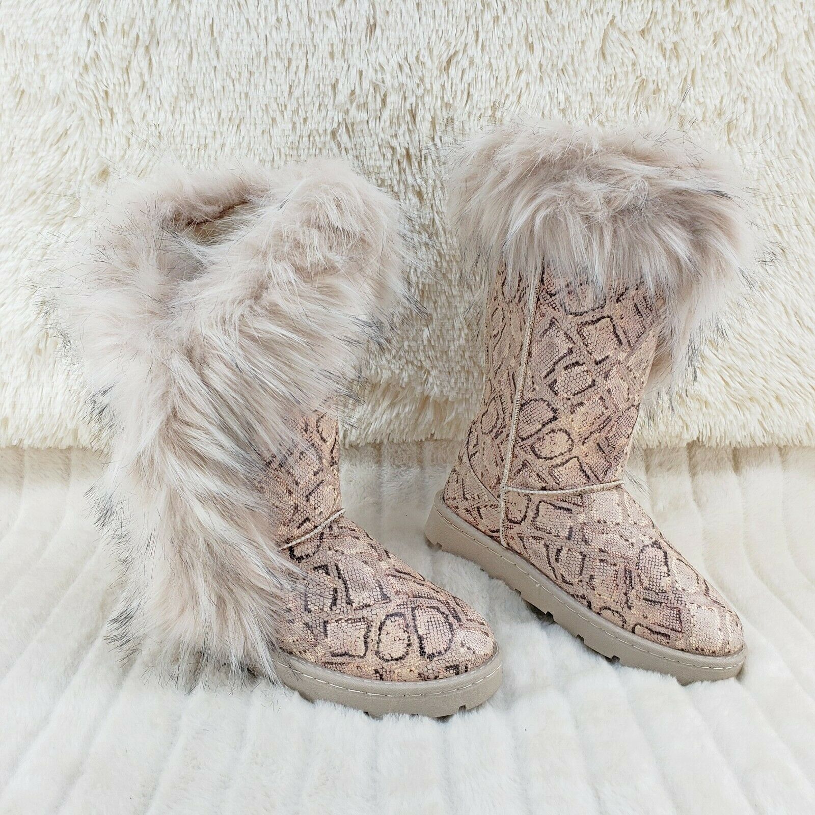 Chi Chi Tall Furry Snake Beige Faux Fur Lined Flat Winter Boots US Women's - Totally Wicked Footwear