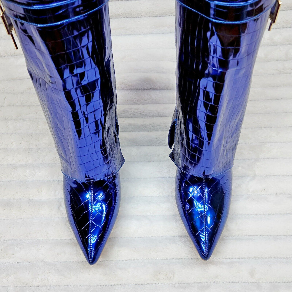 Vision Royal Blue Hologram Wedge Heel Fold Over Skirted Ankle Boots - Totally Wicked Footwear