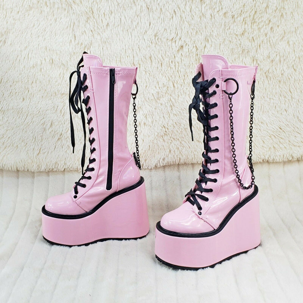 Swing 150 Pink Stretch Goth Knee Boot 5.5" Platform With Chains In House NY - Totally Wicked Footwear