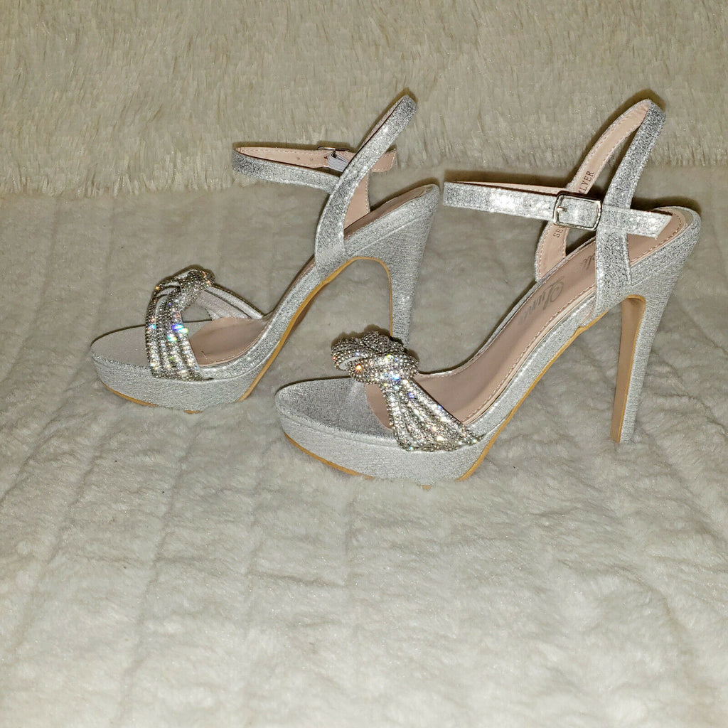 Sevent Silver Shimmery Platform Rhinestone High Heel Sandals Shoes - Totally Wicked Footwear