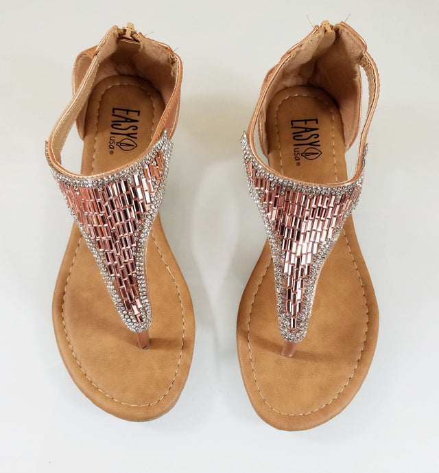 Easy USA Rose Gold Rhinestone Flat Thong Sandal Shoes Closed Back Zipper - Totally Wicked Footwear
