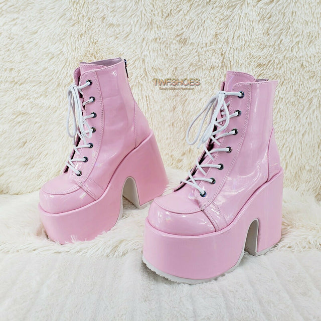 Demonia 203 Camel Stacked Pink Patent Platform Goth Punk Ankle Boots 6-12 NY - Totally Wicked Footwear