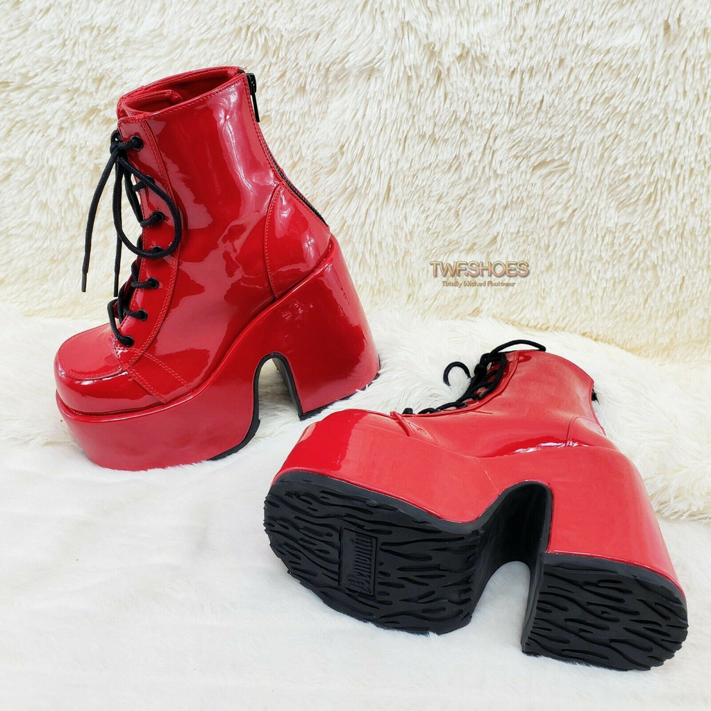 Demonia 203 Camel Stacked Red Patent Platform Goth Punk Ankle Boots NY Restocked - Totally Wicked Footwear