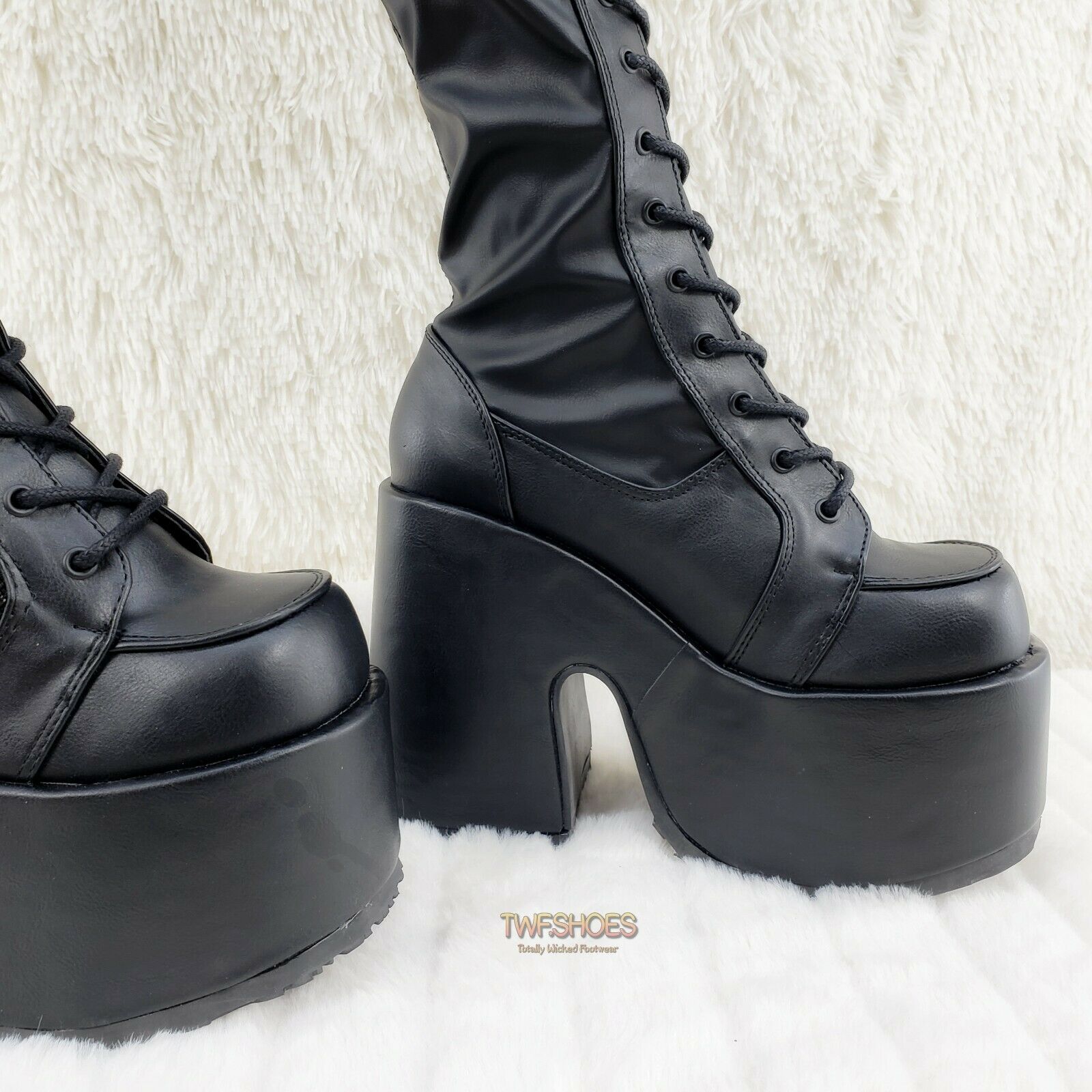 Camel 300 Platform 5" Heel Stretch Lace Up Goth Punk Thigh Boots Black Matte NY - Totally Wicked Footwear