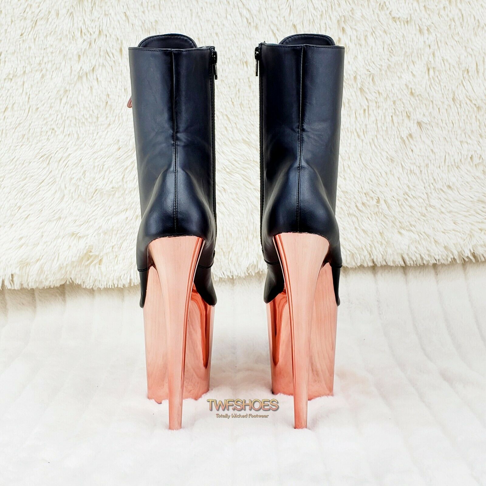 Flamingo 1020 Black Matte Rose Gold Platform 8" Heel Ankle Boots 10 & 12 NY - Totally Wicked Footwear