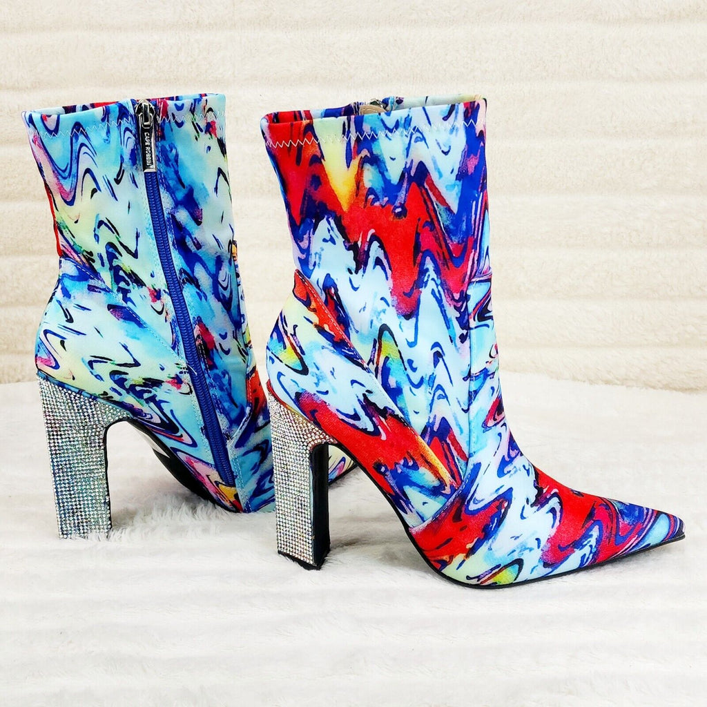 Regal Multi Color Print Stretch Upper Rhinestone Heel Ankle Boots - Totally Wicked Footwear