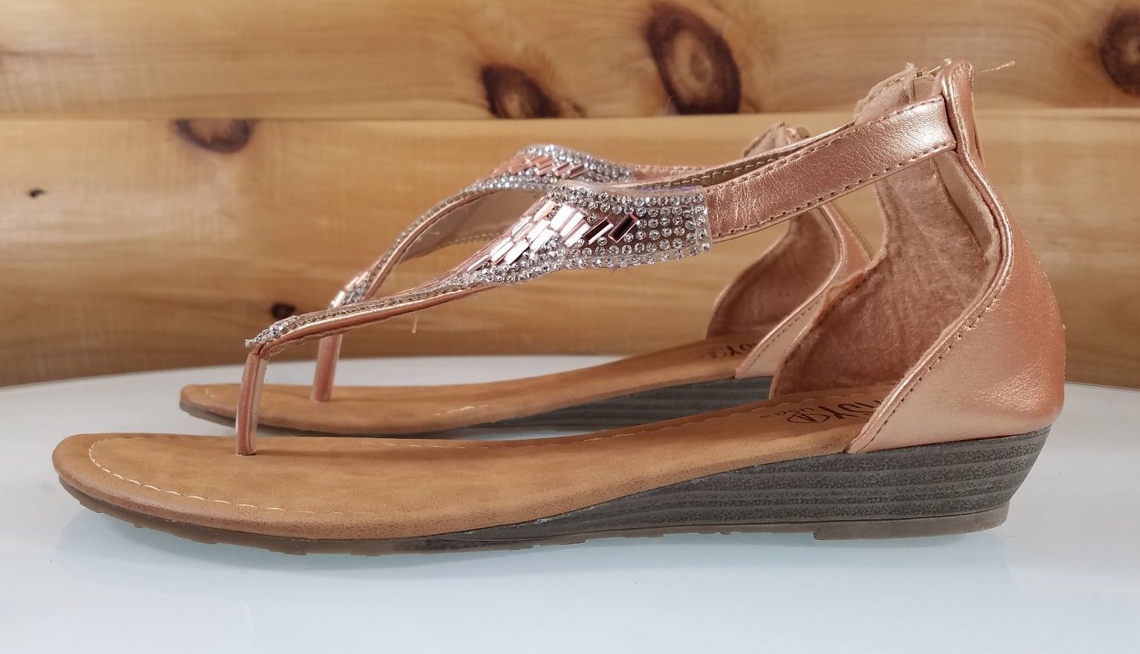 Easy USA Rose Gold Rhinestone Flat Thong Sandal Shoes Closed Back Zipper - Totally Wicked Footwear