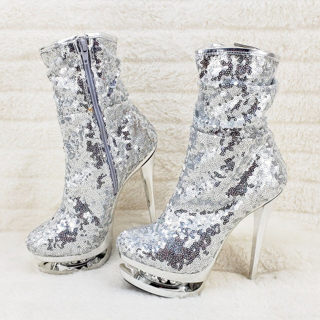 Blondie 1009 Silver Sequin Slouchy High Heel Platform Ankle Boots US Sizes NY - Totally Wicked Footwear