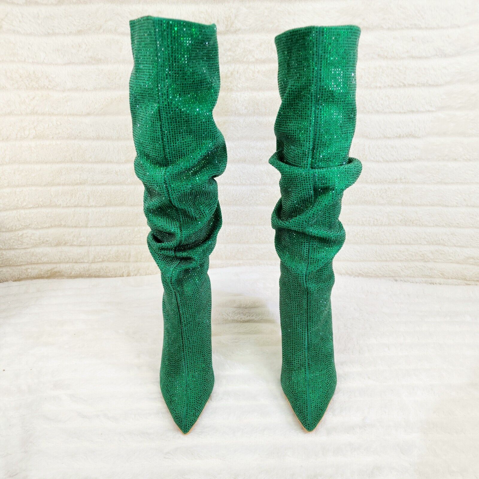 Radiant Emerald Green Rhinestone High Heel Slouch Knee High Boots - Totally Wicked Footwear