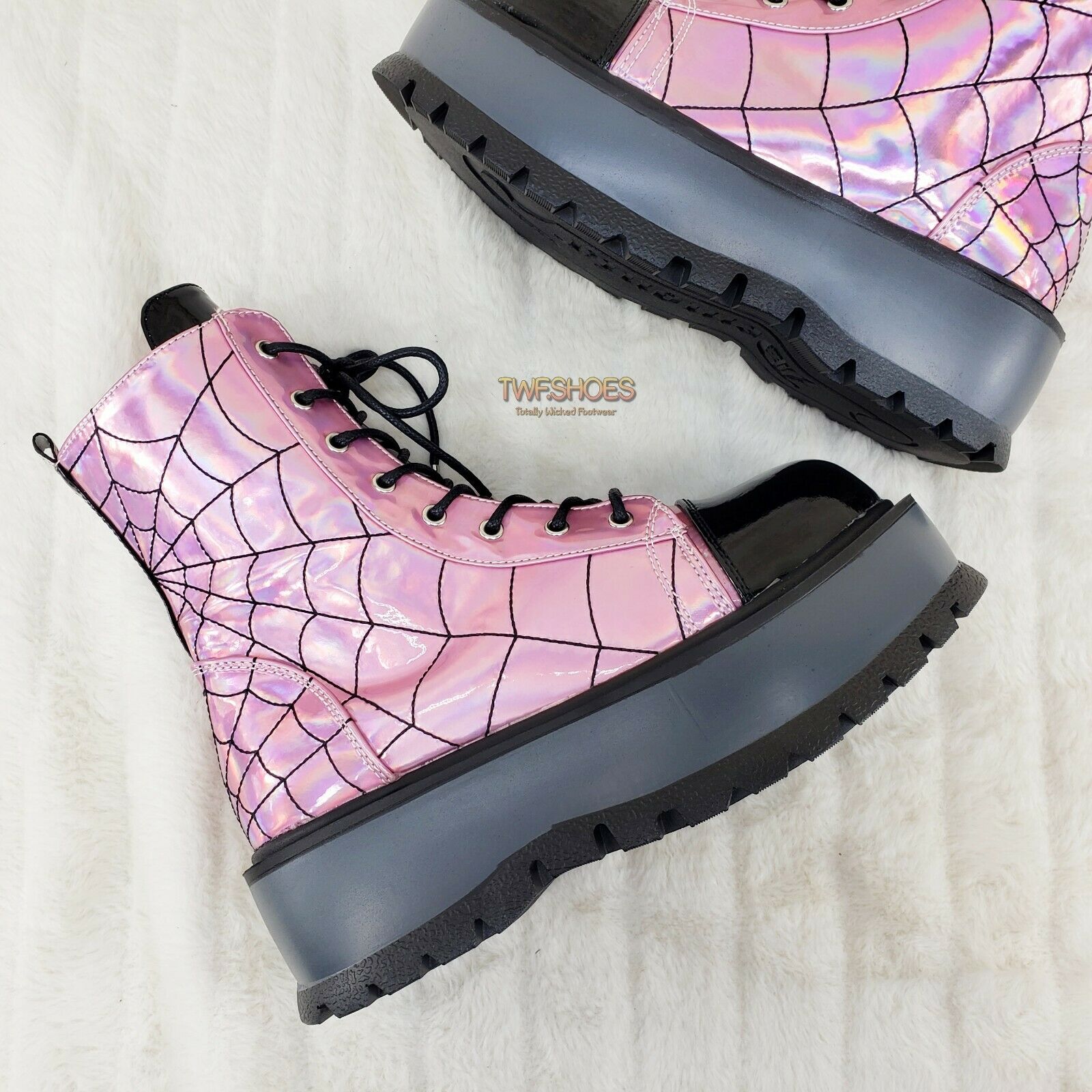 Slacker 88 Pink Hologram Spider Web Design Up Ankle Boots US 6-12 Goth NY - Totally Wicked Footwear