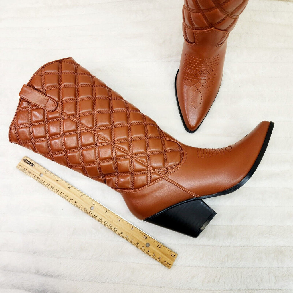 Bells Quilted Faux Leather Western Mid Calf Cowgirl Boots Tan - Totally Wicked Footwear
