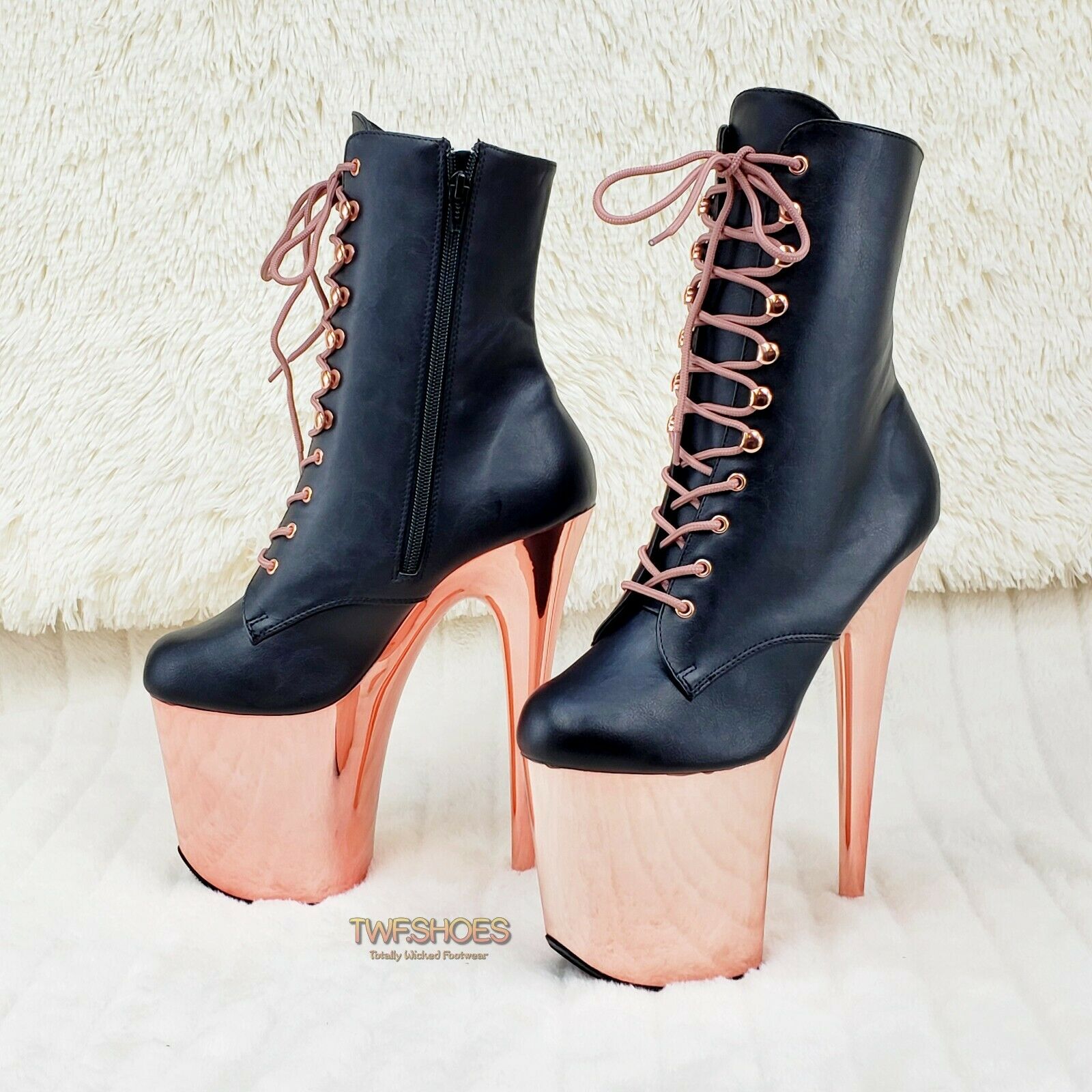 Flamingo 1020 Black Matte Rose Gold Platform 8" Heel Ankle Boots 10 & 12 NY - Totally Wicked Footwear