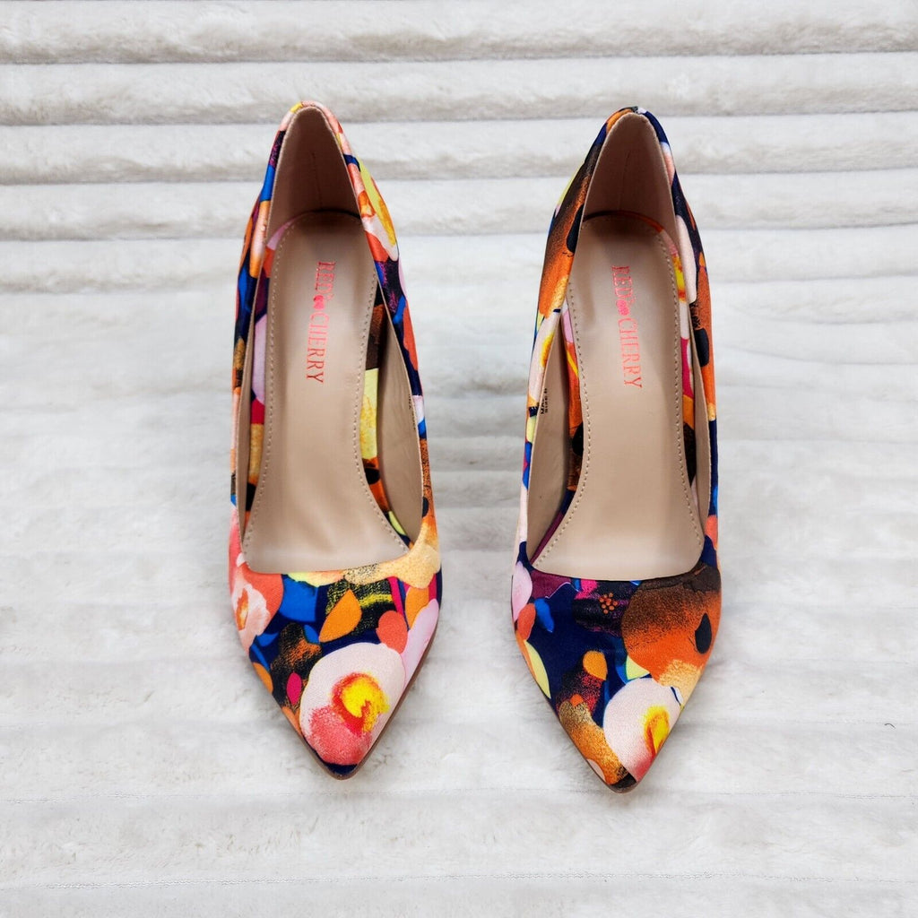 Red Cherry Orange Floral Pointy Toe Pump Shoe 4.5" Stiletto High Heels - Totally Wicked Footwear