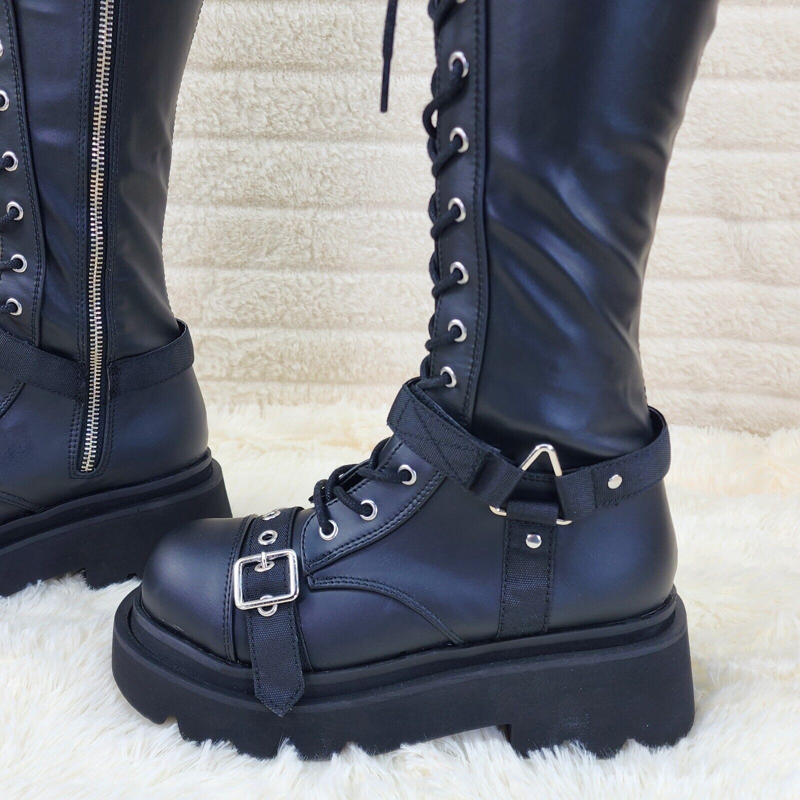 Renegade Goth Punk Rocker Over The Knee Boots With Knee Shield & Chains NY - Totally Wicked Footwear