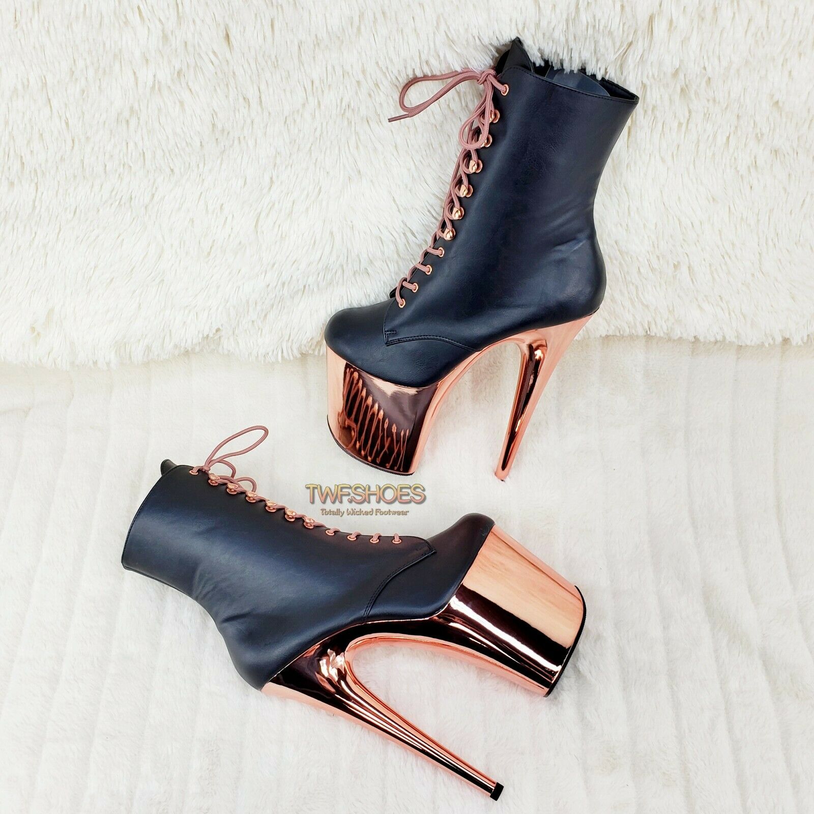 Flamingo 1020 Black Matte Rose Gold Platform 8" Heel Ankle Boots 10 & 12 NY - Totally Wicked Footwear