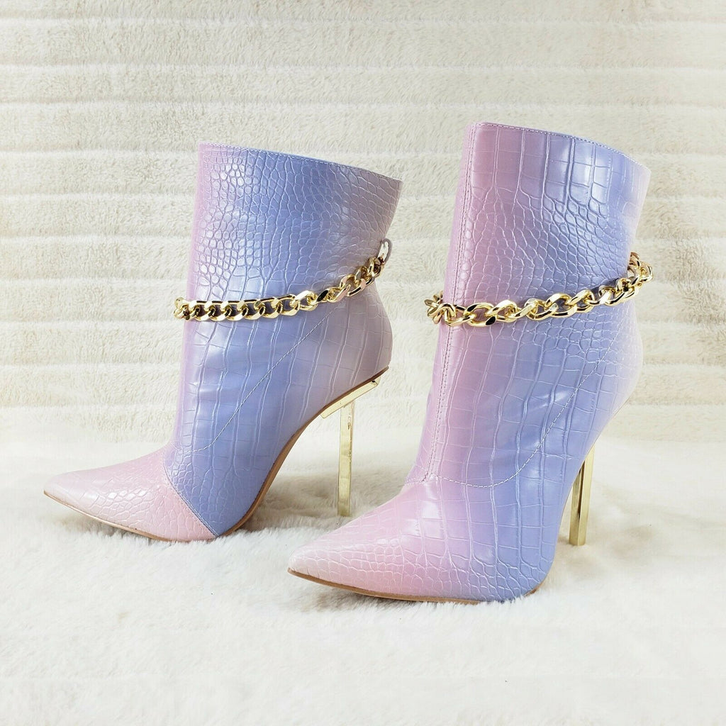Venomous Pink Lilac Pointy Toe Spike Stiletto Heel Ankle Boots Gold Tone Chain - Totally Wicked Footwear