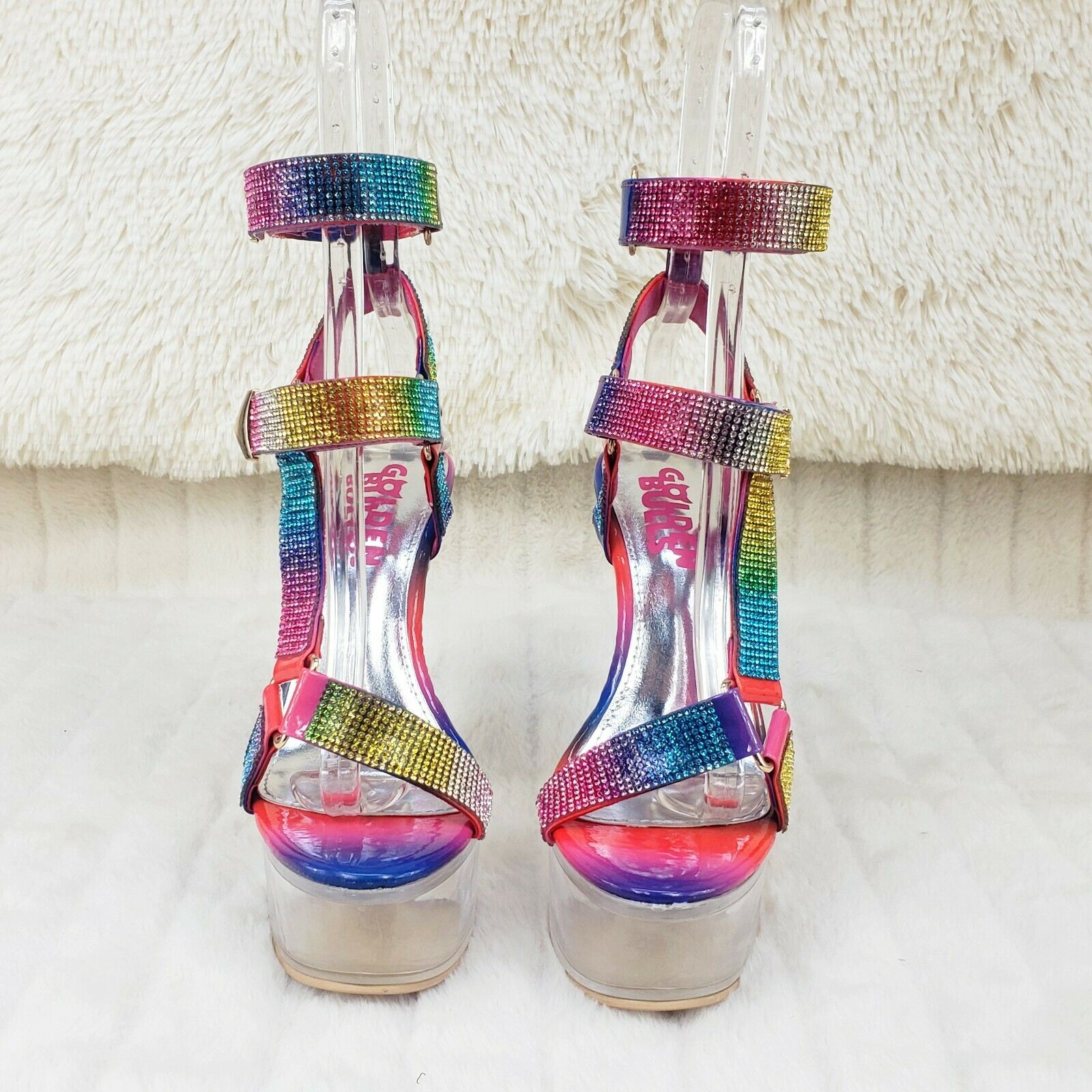 Xapala Rainbow Rhinestone Harness Strap Clear Platform High Heel Shoes - Totally Wicked Footwear