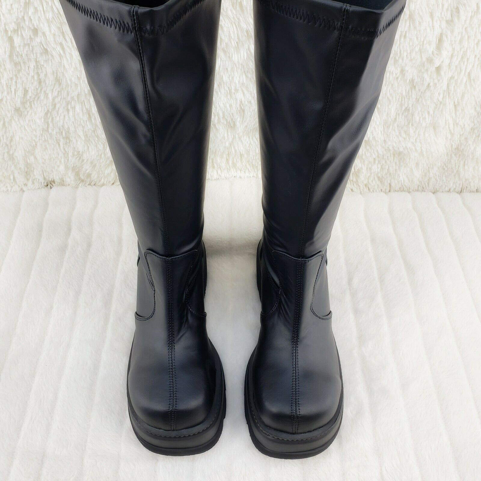 Demonia Shaker 65 Black Matte Platform 4.5" Wedge Heel Knee Boots NY - Totally Wicked Footwear