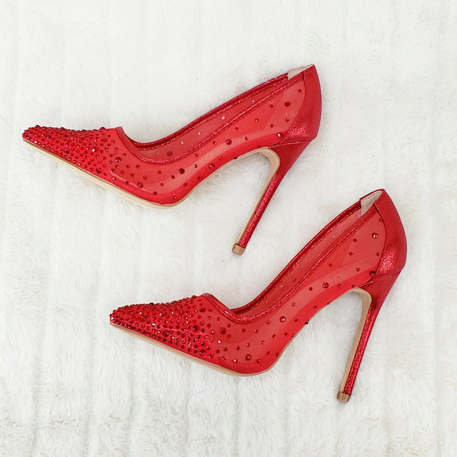 Krayzie Red Mesh Jeweled 4.5" High Heel Stiletto Shoes Pointy Toe Pumps 6-10 - Totally Wicked Footwear