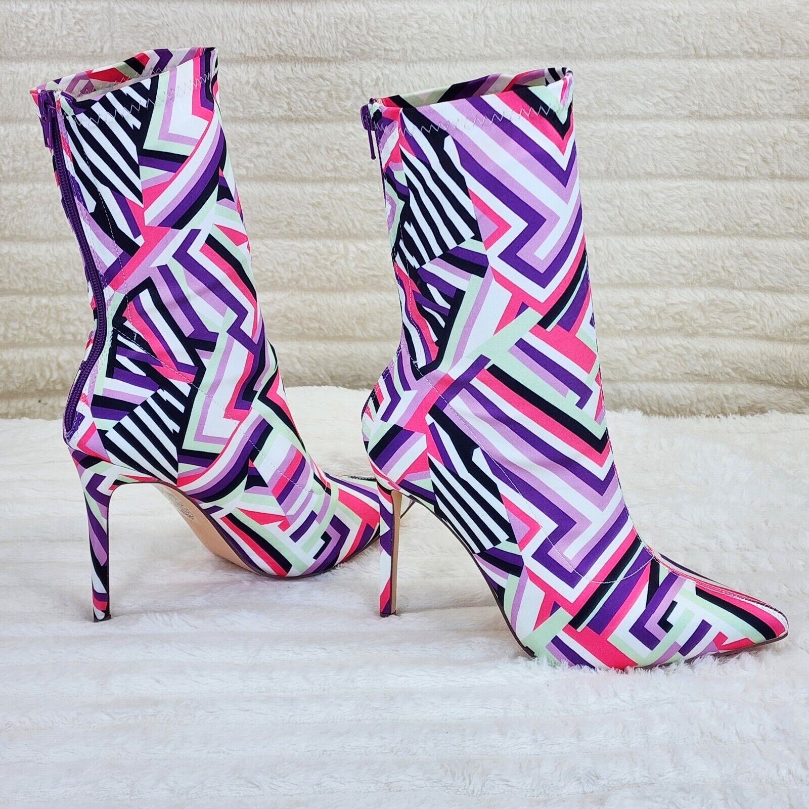 Odin Crazy Wild Color Pattern High Heel Stretch Fabric Ankle Boots - Purple Pink - Totally Wicked Footwear