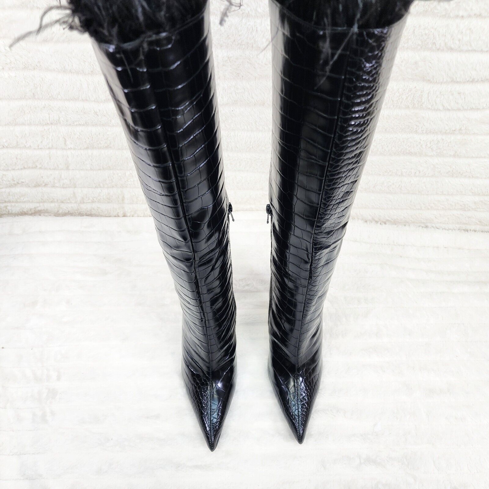 Flirty Black Snake Texture Knee High Heel Stiletto Boots Sexy Feather Top - Totally Wicked Footwear