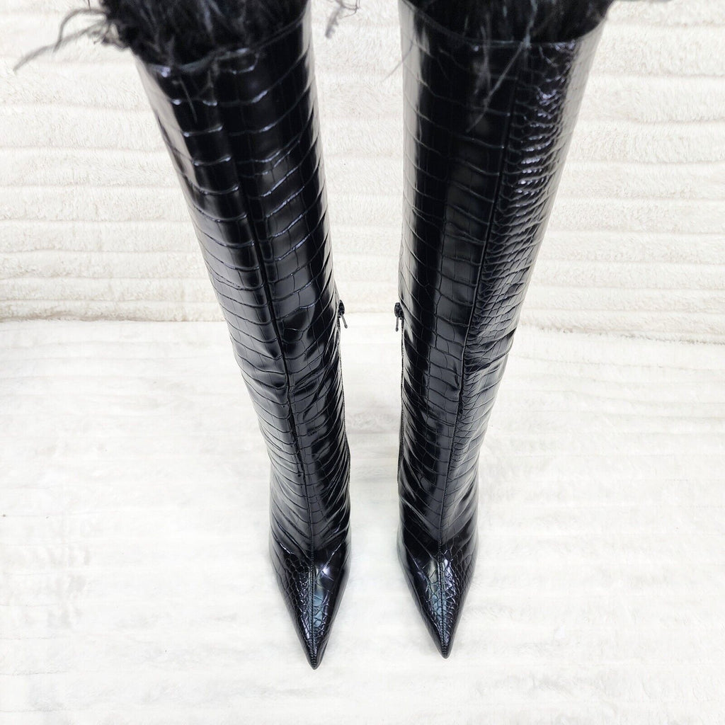 Flirty Black Snake Texture Knee High Heel Stiletto Boots Sexy Feather Top - Totally Wicked Footwear